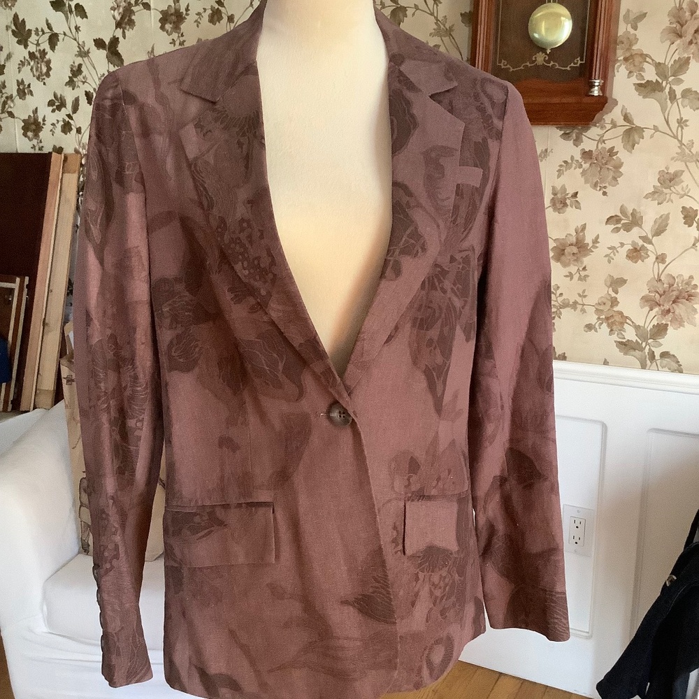 Cold water Creek Boyfriend Linen Blend Jacket Brown Floral Size 6